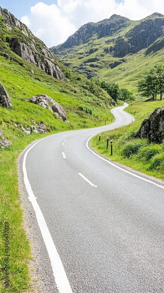 Fototapeta premium Scenic Winding Road Through Lush Green Mountains and Hills