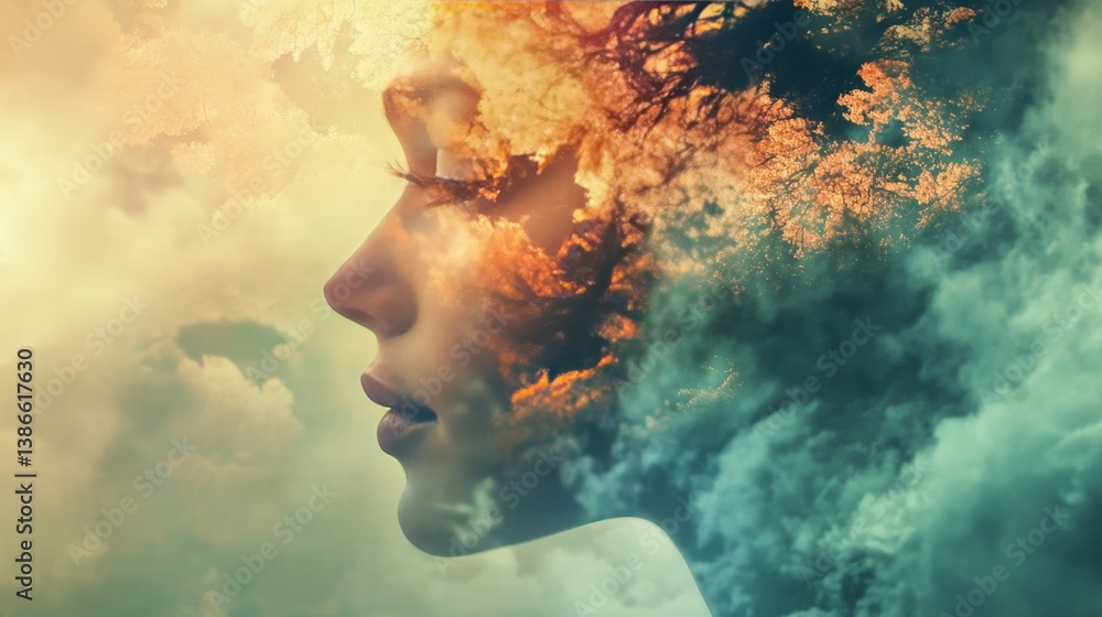 Abstract portrait of a woman with nature merging with her face. Abstract portrait of a woman with nature merging with her face.