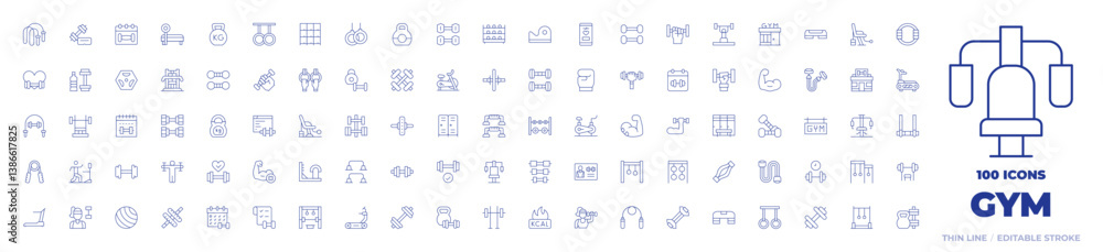 100 Gym Icons Collection. Thin line icon. Editable stroke. sport, dumbbell, weights, treadmill, calendar, lockers, pilates, home, contour step barrel, wheel 100 Gym Icons Collection. Thin line icon. Editable stroke. sport, dumbbell, weights, treadmill, calendar, lockers, pilates, home, contour step barrel, wheel
