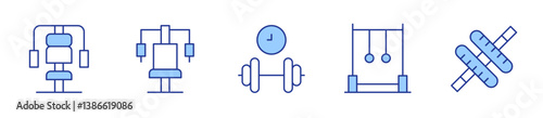 gym machine, gym station, gymnastic rings, wheel, dumbbell. Gym Icon vector illustration. Line Duotone style. Editable stroke