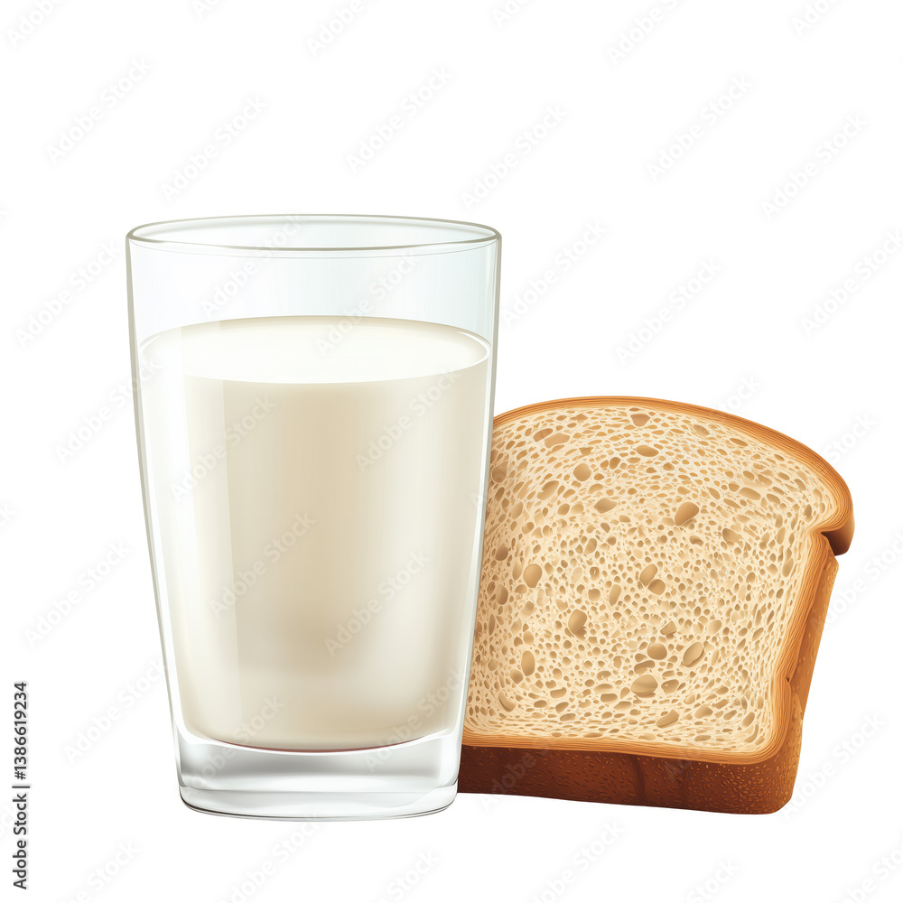 Fresh slice of soft white bread paired with a glass of milk, realistic healthy breakfast combination illustration isolated on transparent background. Fresh slice of soft white bread paired with a glass of milk, realistic healthy breakfast combination illustration isolated on transparent background.