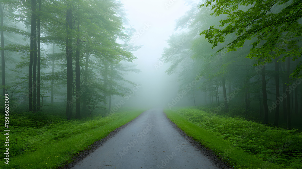 Fototapeta premium Foggy Forest Road on a Summer Morning