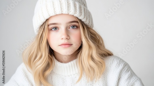 A young girl with long blonde hair wears a white knit beanie and sweater. The portrait is well-lit, high-resolution, and features soft focus. The style is minimalist and serene. The image evokes a p