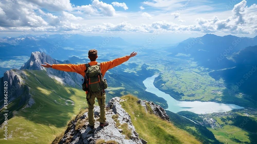 Hiker standing at a mountain peak with arms wide open, overlooking a breathtaking valley and endless horizo Hiker standing at a mountain peak with arms wide open, overlooking a breathtaking valley and endless horizo