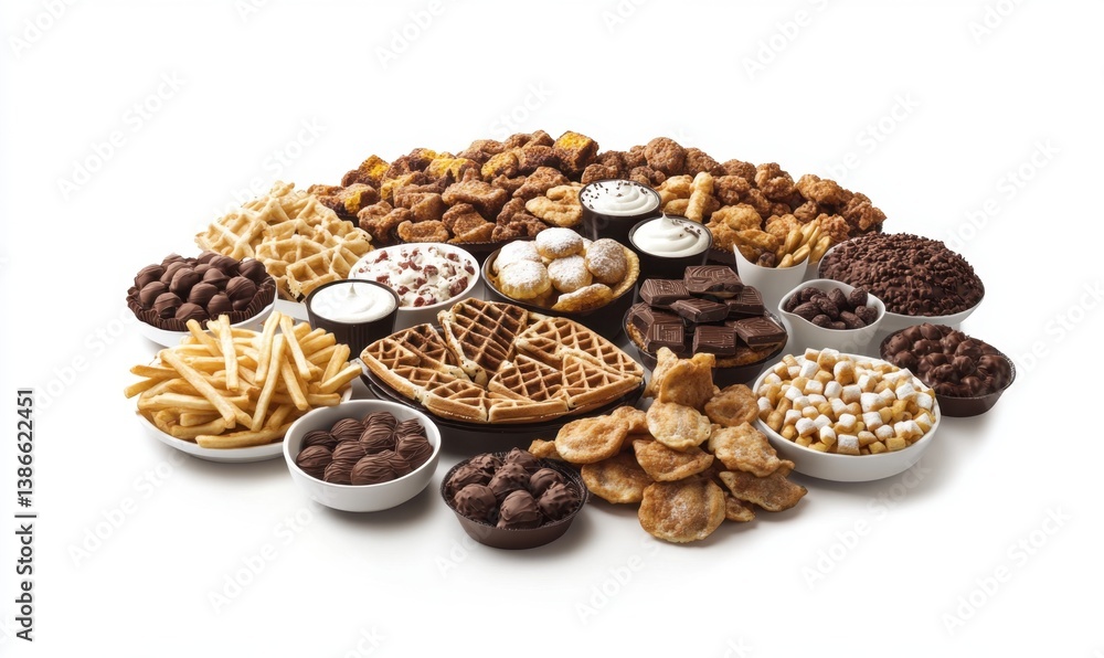 Assorted sweet and savory snacks on white background; food photography for menus or websites Assorted sweet and savory snacks on white background; food photography for menus or websites