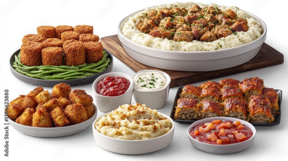 Delicious Thanksgiving Feast: Mashed Potatoes, Stuffing, and Green Beans Delicious Thanksgiving Feast: Mashed Potatoes, Stuffing, and Green Beans