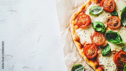 A rustic homemade pizza with fresh basil, mozzarella, and tomato. Featuring Italian cuisine