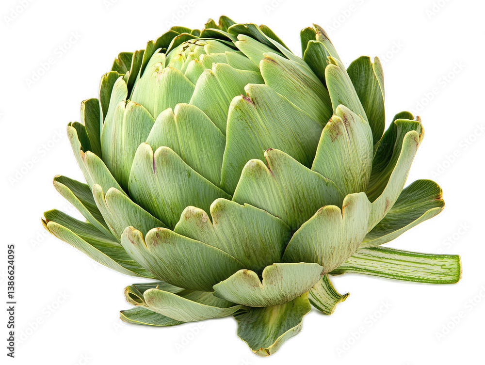 Whole artichoke with layered green petals and stem, isolated on white background Whole artichoke with layered green petals and stem, isolated on white background