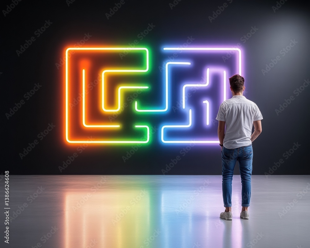 Individual Observing Bright Neon Wall Art in Modern Gallery Space