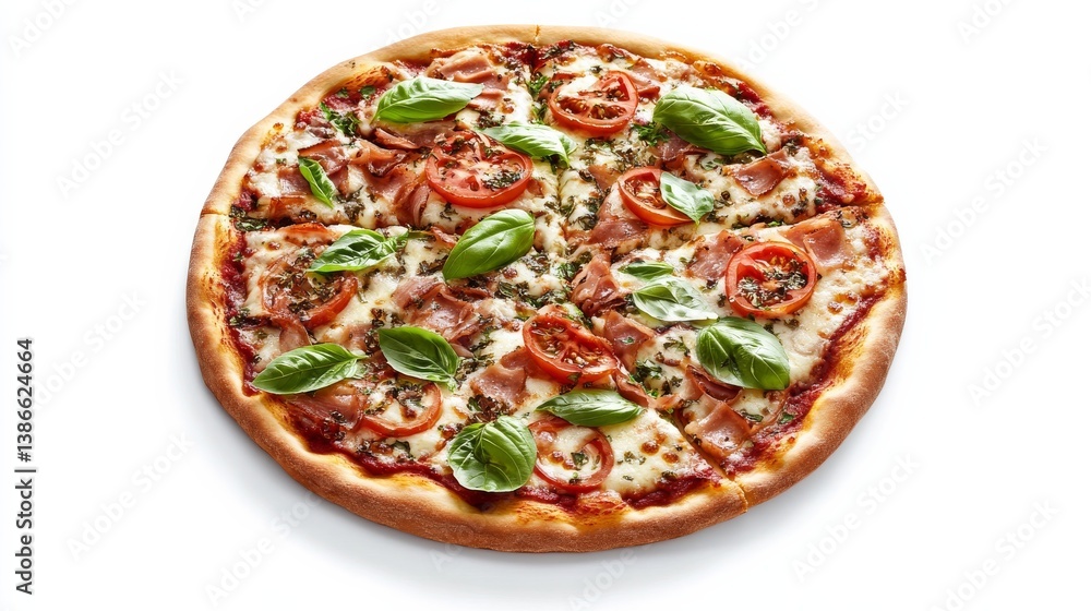 A rustic pizza with mozzarella, tomato, basil, and a thin crispy crust. Featuring traditional flavors A rustic pizza with mozzarella, tomato, basil, and a thin crispy crust. Featuring traditional flavors