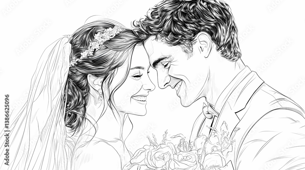 Fototapeta premium Wedding Bliss: A tender moment of a happy couple, their faces illuminated with joy, sharing a look of love. The scene is a pen drawing, showcasing intricate details of a wedding day.