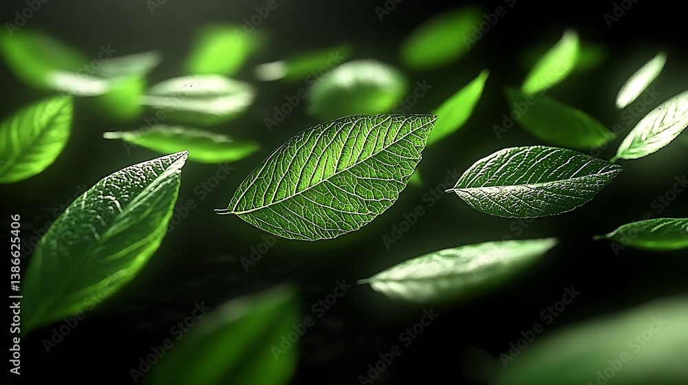 Floating leaves, dark background, glowing light