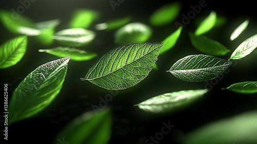 Obraz na płótnie Floating leaves, dark background, glowing light w salonie