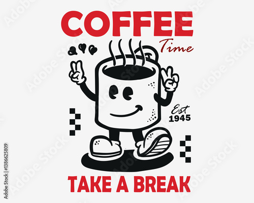 Groovy funky vector of coffee cup mascot illustration cartoon style, retro and trendy graphic design for fashion wear, street wear, clothing line, apparel and urban style t shirt design, hoodies, etc.