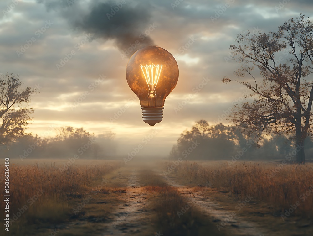 Floating lightbulb, rural sunrise, fog