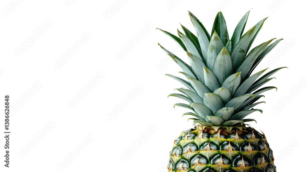 Fototapeta premium Tropical Pineapple Delight: A fresh, vibrant pineapple with its spiky crown and textured skin sits, showcasing its tropical freshness and summery appeal.