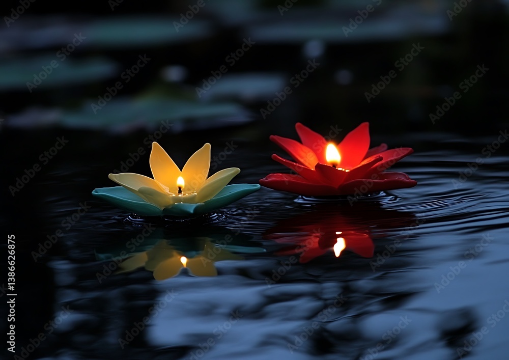 Floating lotus candles on water at night