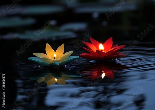 Obraz na płótnie Floating lotus candles on water at night w salonie