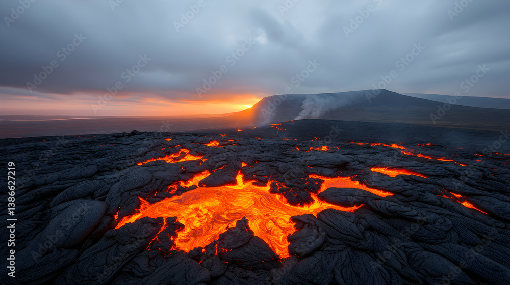 Naklejka premium Glowing Lava Flow at Sunset in Volcanic Landscape