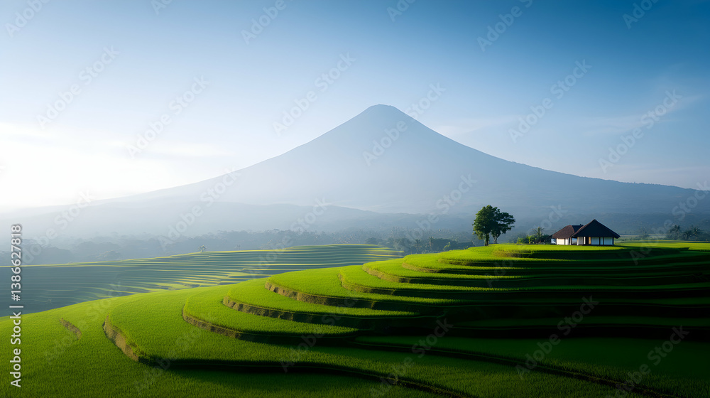 Fototapeta premium Volcanic Mountain and Rice Terraces at Sunrise