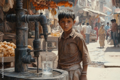 Poor Indian boy collecting drinking water - clean water crisis and orphan issue