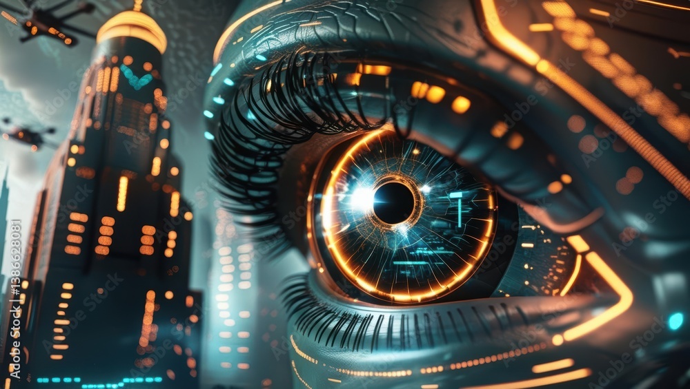Futuristic Cybernetic Eye Scanning Digital Interface, Showcasing Advanced Technology And Biometric Security Concepts In A High-Tech Background. Futuristic Cybernetic Eye Scanning Digital Interface, Showcasing Advanced Technology And Biometric Security Concepts In A High-Tech Background.