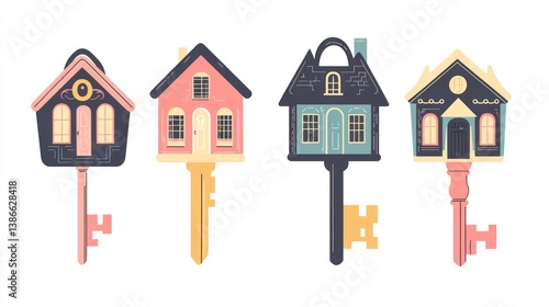 Cute house-shaped keys, a whimsical representation of homeownership.  Each key depicts a unique house style