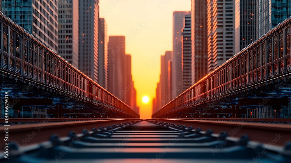 Fototapeta premium Railway tracks stretch into cityscape during sunset. City buildings frame horizon with vibrant light
