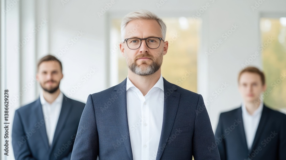 A man in a dark suit and glasses stands centrally, two other men in similar suits are blurred in the background. The image is well-lit, high-quality, and professionally styled. Cool tones dominate, A man in a dark suit and glasses stands centrally, two other men in similar suits are blurred in the background. The image is well-lit, high-quality, and professionally styled. Cool tones dominate,