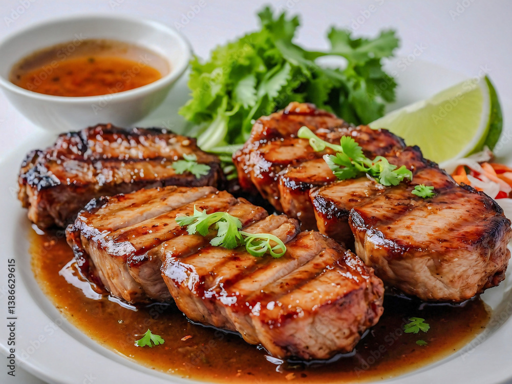 Delicious Khao Niew Moo Ping (Grilled Pork) on White Background Delicious Khao Niew Moo Ping (Grilled Pork) on White Background