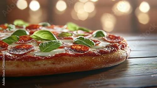 Delicious Pepperoni Pizza with Fresh Basil on Wooden Table