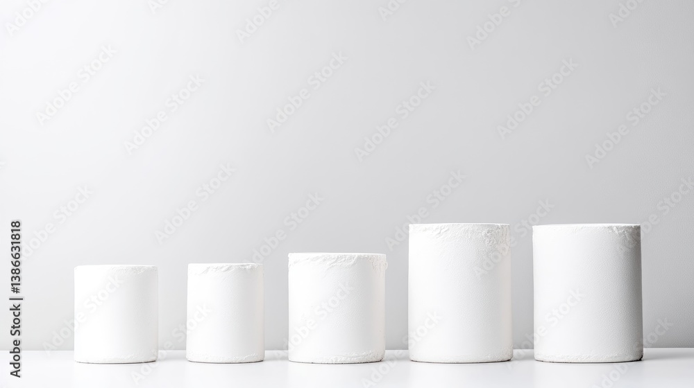 Five white cylindrical display pedestals in a row against a plain background Five white cylindrical display pedestals in a row against a plain background