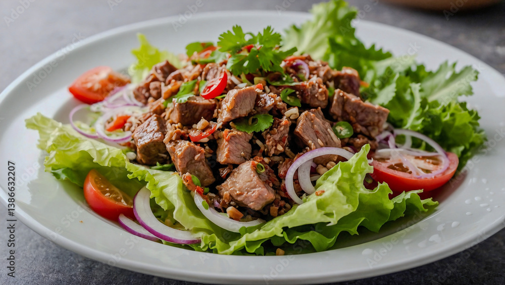 Delicious Laab Moo Pork Salad Closeup on White Background Delicious Laab Moo Pork Salad Closeup on White Background