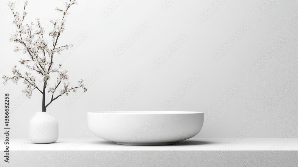 A minimalist scene features a white bowl and a vase holding a delicate flowering branch. The composition is simple, with the objects centered on a white surface against a plain white background. The A minimalist scene features a white bowl and a vase holding a delicate flowering branch. The composition is simple, with the objects centered on a white surface against a plain white background. The
