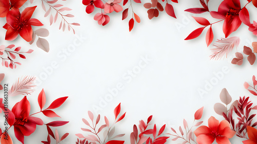Red And Pink Flowers And Leaves Frame On White Background