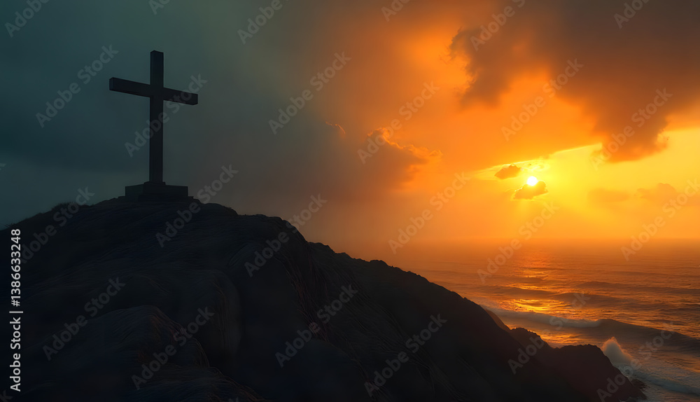 Silhouette of a Cross Against a Glowing Sunset Sky.
Silhouette of a Cross Against a Glowing Sunset Sky.