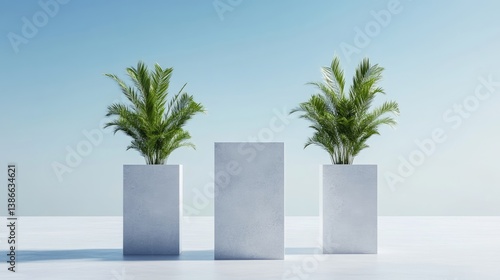 Two potted palm plants flank a tall, square planter. All are light gray, set against a bright blue sky. The image is clean and minimalist. The lighting is even, creating a calm mood. It could be us