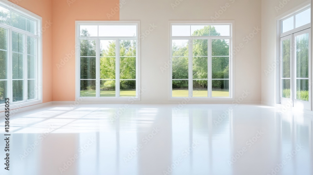 Bright, spacious room with large windows overlooking a garden (2) Bright, spacious room with large windows overlooking a garden (2)