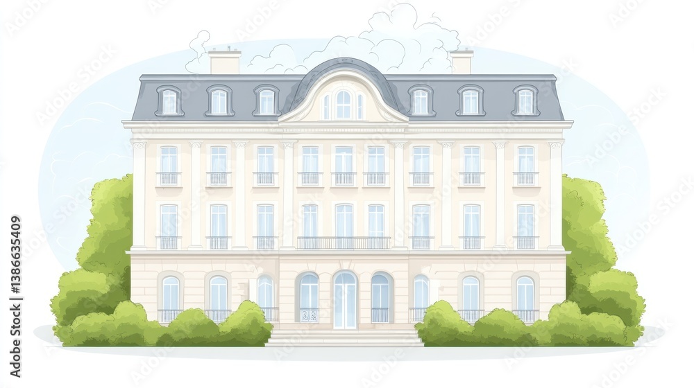 Elegant European-style building with classical architecture. Lush landscaping surrounds the structure Elegant European-style building with classical architecture. Lush landscaping surrounds the structure
