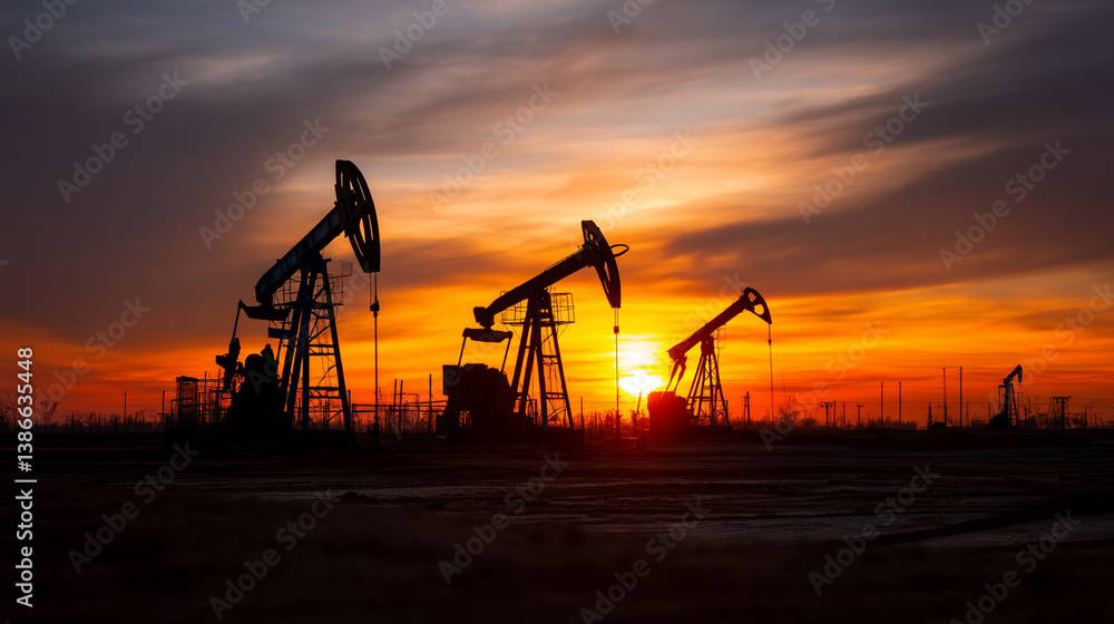 Silhouette of oil pumps operating at sunset with a colorful sky and a dark landscape below them Silhouette of oil pumps operating at sunset with a colorful sky and a dark landscape below them