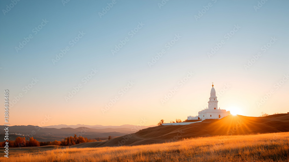 Obraz premium White Building on Hilltop at Sunset