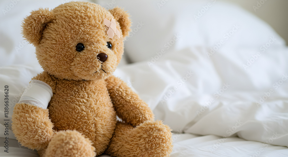 Teddy Bear with Bandage Sitting on a White Bed in Soft Light a Symbol of Comfort and Healing Teddy Bear with Bandage Sitting on a White Bed in Soft Light a Symbol of Comfort and Healing