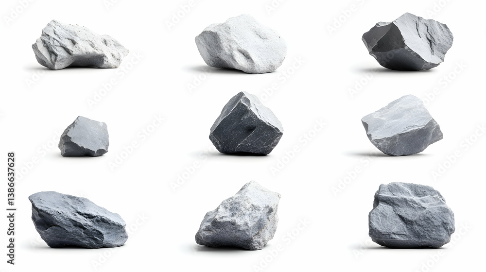 Naklejka premium Collection of Gray and White Rocks on White Background