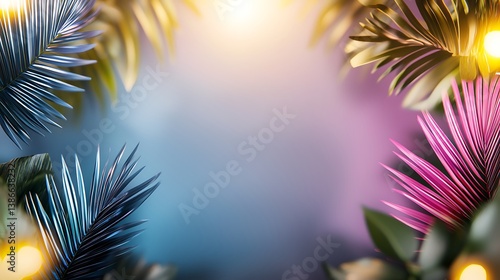 Wallpaper Mural Tropical leaves frame a colorful gradient. Light bokeh adds depth to the backdrop Torontodigital.ca