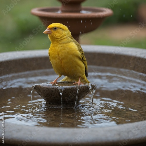 A canary bathing in a shallow birdbath with a fountain.