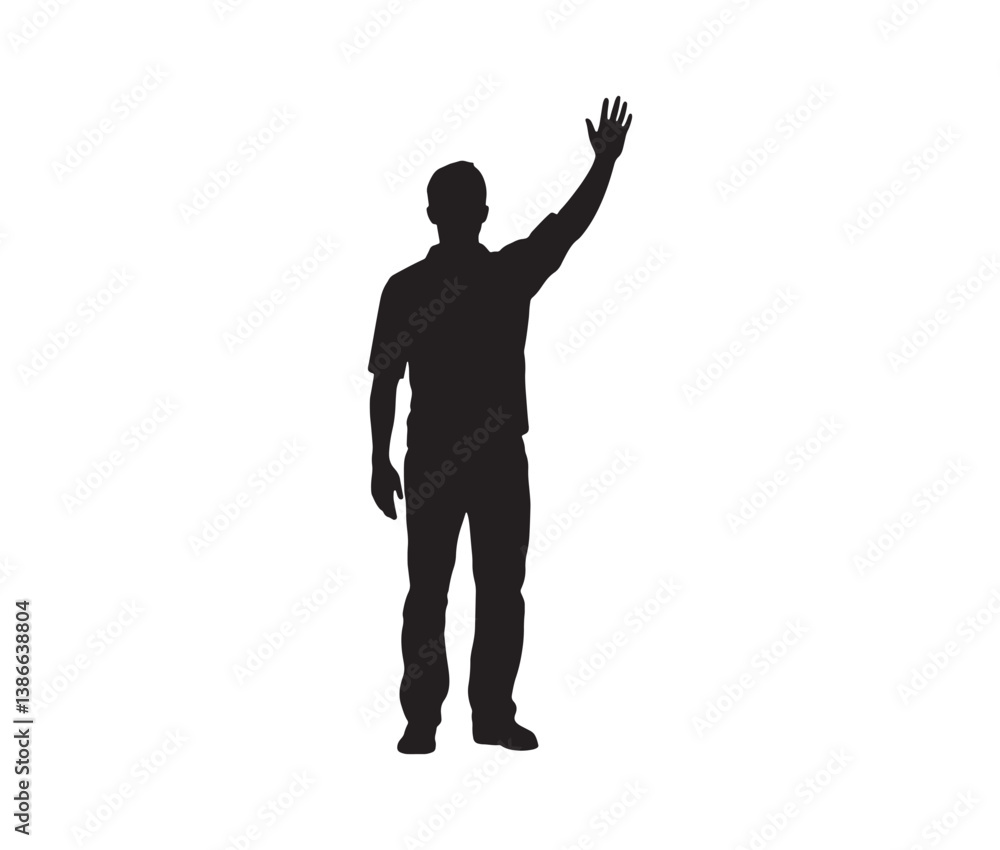 Male silhouette waving hand – vector pose design. Minimal standing man silhouette. Male silhouette waving hand – vector pose design. Minimal standing man silhouette.
