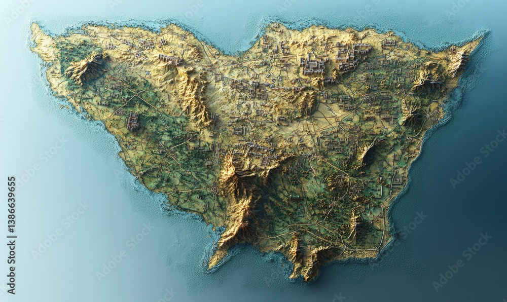 Obraz premium Island Terrain Map Aerial View of mountainous island, ocean background, geographic visualization, for educational use