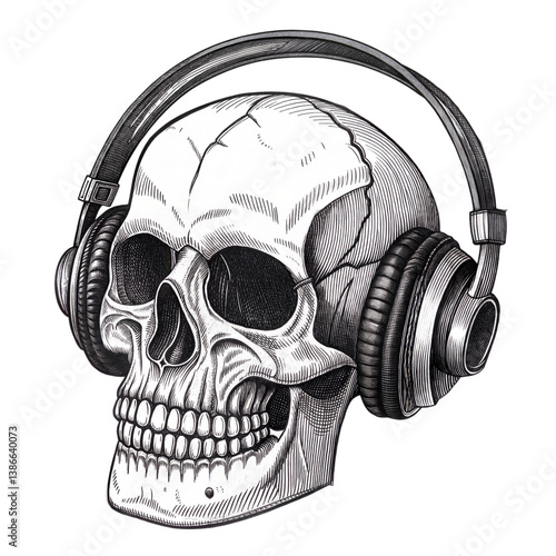 Skull in Headphones Monochrome Illustration, Cross Hatching Style, Isolated on Black