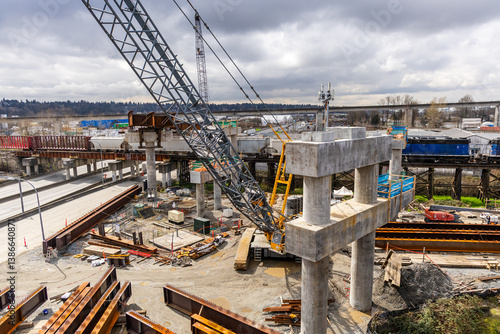 Bild auf Leinwand Construction Site of Patullo Bridge in Surrey, Vancouver, BC, Busy Work Scene