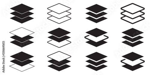 Layers icon set. multiple fabric material levels vector symbol. 3 fiber layers sign in black filled and outlined style.